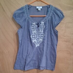 LOFT Gray Blouse with White Embroidery